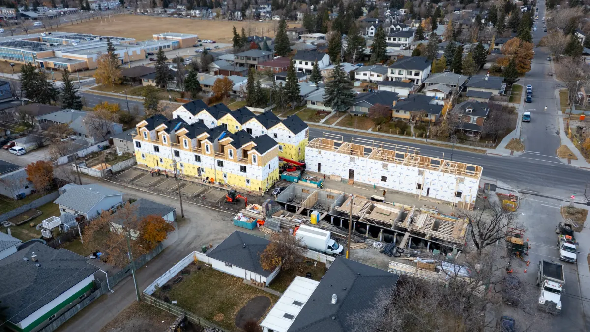 Aerial view of an early PCH Builders inner-city infill site in Calgary